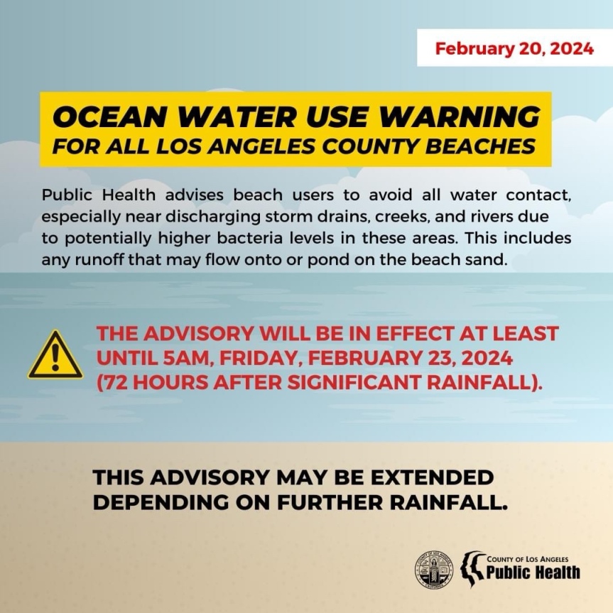 Advisory for all Los Angeles County Beaches in Effect Until Friday, Feb. 23 @ 5 pm